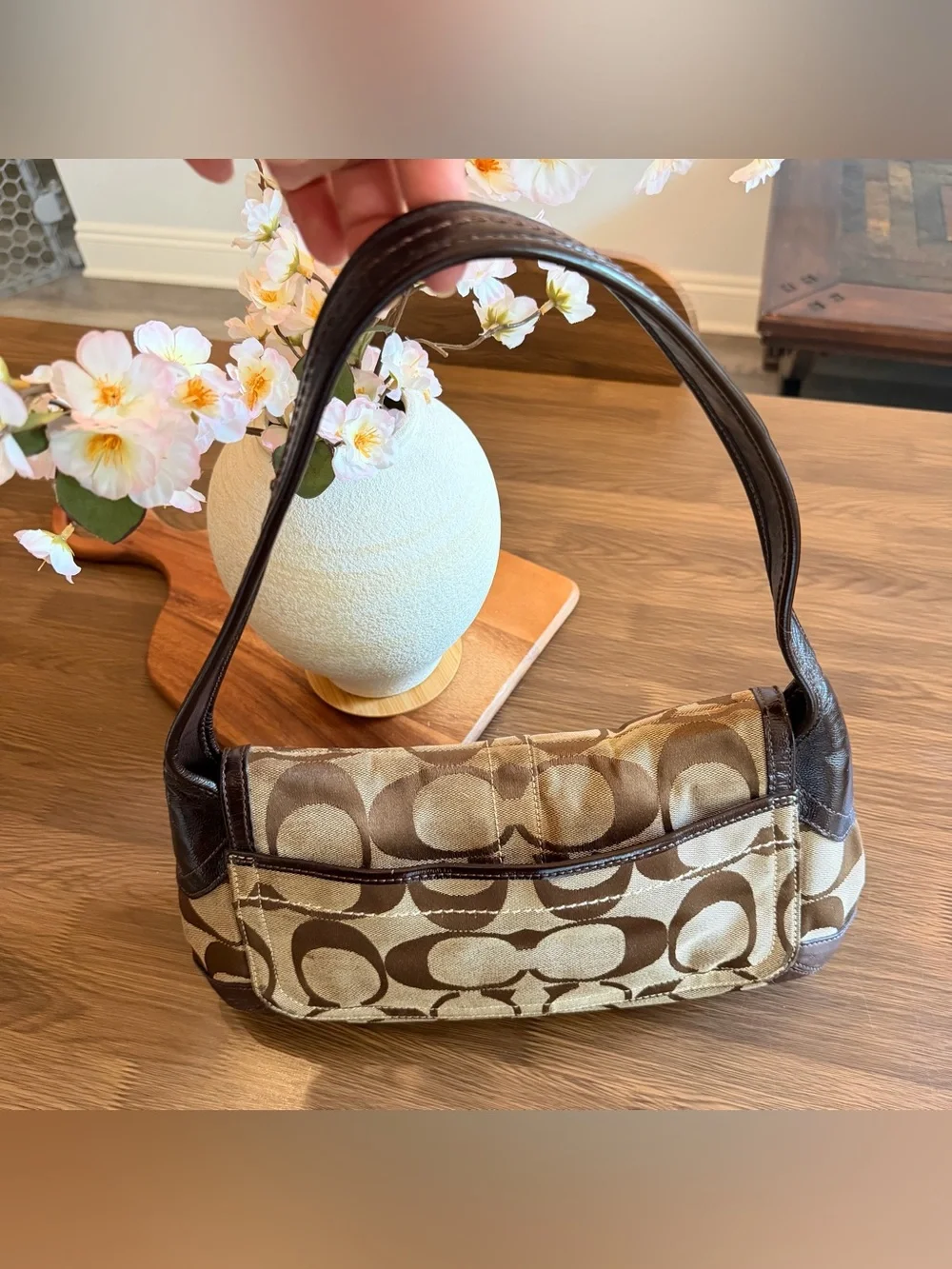 Coach Brown Signature Canvas Shoulder Bag with Gold-Tone Turnlock